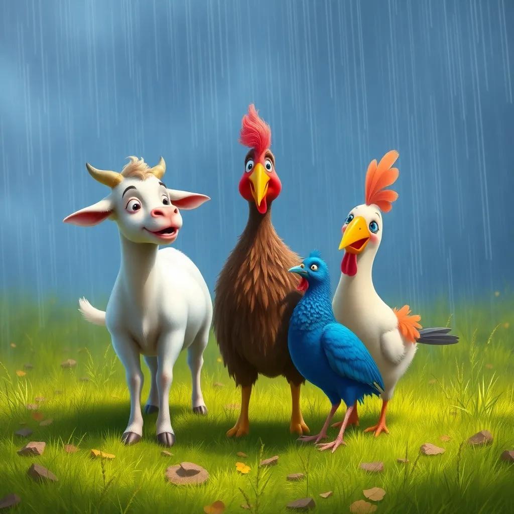Los amigos de Pío: una vaca, una oveja y un pato, jugando juntos en el campo bajo la lluvia, riendo y chapoteando, un entorno natural, digital painting, colorido, amigable, alta calidad
