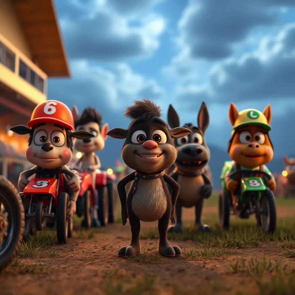Pío y sus amigos preparándose para una carrera en el campo, con una expresión decidida, el cielo nublado en el fondo, ambiente dinámico, arte digital, animado, enérgico