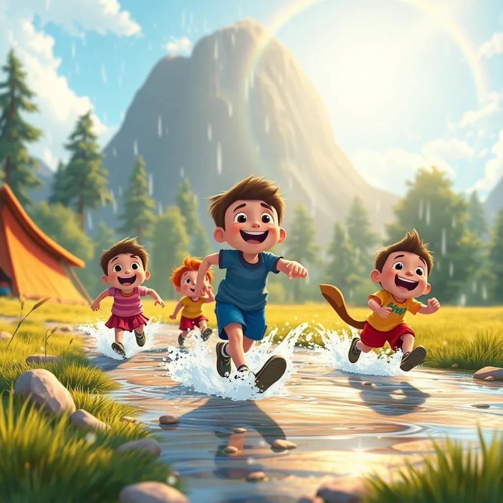 Pío y sus amigos corriendo por el campo, creando ondas en los charcos, con gotas de lluvia cayendo, un arcoíris brillante en el cielo, ilustración feliz, alegre, vibrante