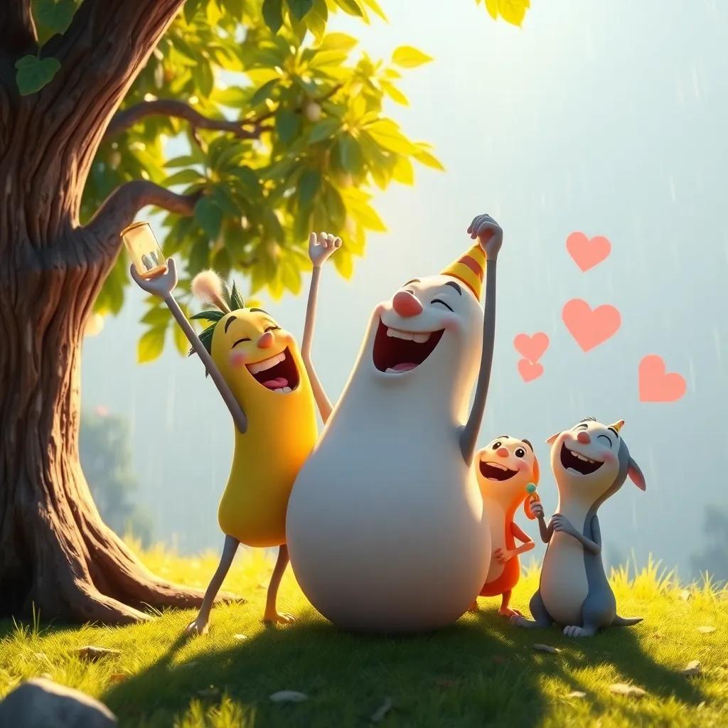Pío celebrando su victoria bajo el árbol, sonriendo con la lengua afuera, sus amigos a su lado sonriendo, un día soleado después de la lluvia, alegre, iluminado, arte digital, corazones felices