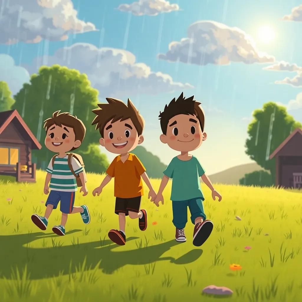 Todos los amigos caminando felices hacia casa, nubes dispersas, el sol brillando después de la lluvia, un campo hermoso, ilustración, cálida, reconfortante, amistad