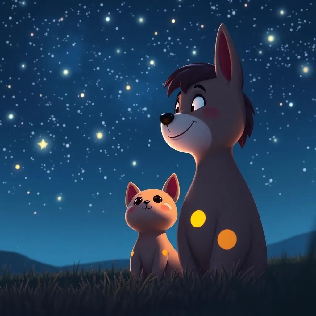 Pío, observando brillante estrellas en el cielo nocturno, recordando la diversión del día, su expresión de satisfacción, en un campo tranquilo, muy bonito, arte digital, sereno, mágico