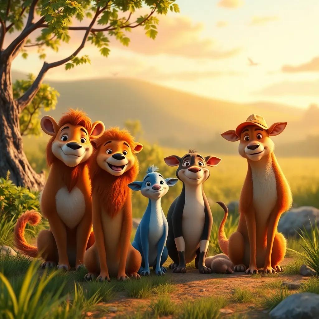 Un grupo de animales en el campo al amanecer, felices y listos para un nuevo día de aventuras, un entorno verde y fresco, arte vibrante, prometedor, optimista