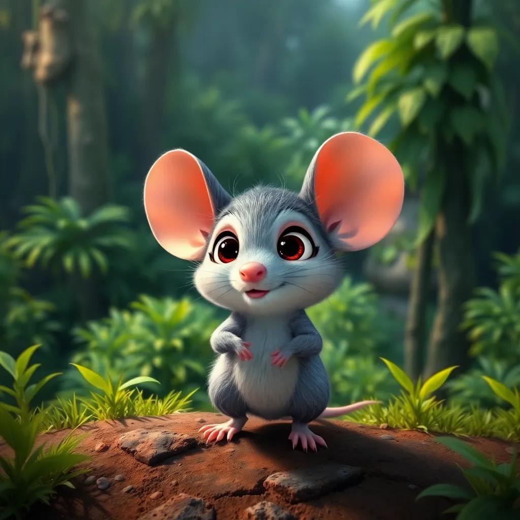 A small mouse, Miguel, with big eyes and soft grey fur, looking excited and determined as he stands at the edge of a lush green forest, digital art, bright colors, adventurous atmosphere, high quality