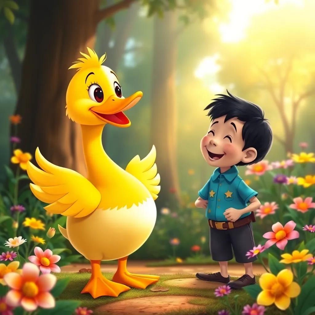 A cheerful duck named Pablo, with yellow feathers and a friendly smile, talking and laughing with Miguel, surrounded by colorful flowers in the forest, illustration, warm light, welcoming scene, child-friendly