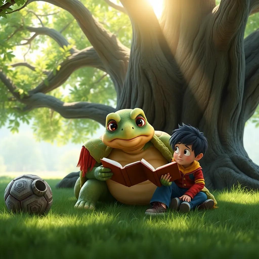 An old wise tortoise named Teresa, with a green shell and kind eyes, sharing stories with Miguel and Pablo under a big oak tree, peaceful setting, sunlight filtering through the leaves, charming, engaging