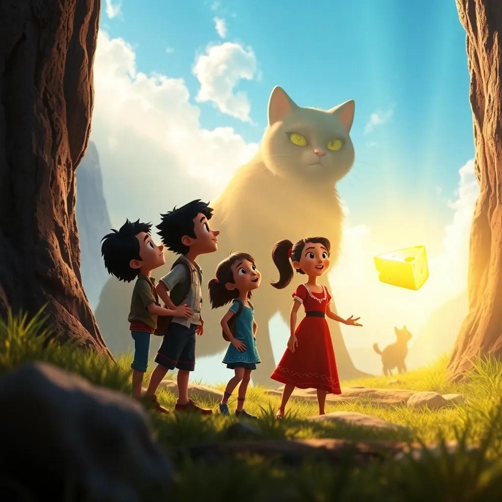 A brilliant scene where Miguel, Pablo, and Teresa see a golden cheese slice glowing in a bright clearing, a big shadow of a cat looming nearby, dynamic and tense, adventure, vibrant colors