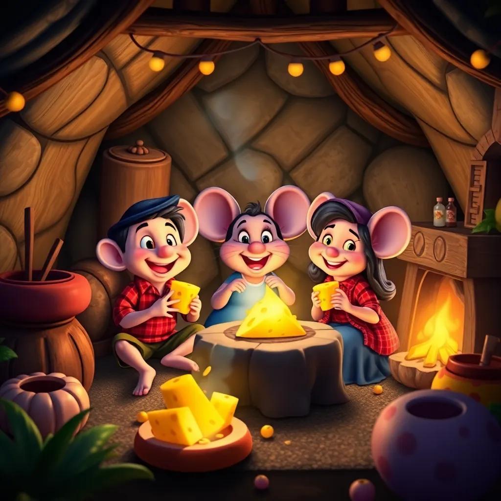 Miguel, Pablo, and Teresa back home in a cozy mouse-sized cottage, celebrating with pieces of the golden cheese and a warm fire, friendly atmosphere, joyful and heartwarming, cozy, colorful