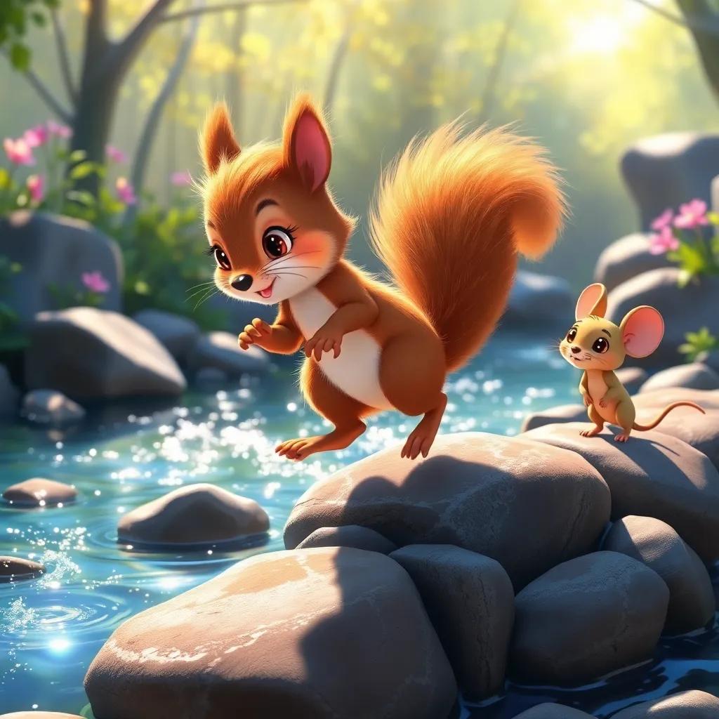 A playful squirrel, Lila, with fluffy fur and a bushy tail, hopping on stones across a sparkling river, with Tito the mouse watching eagerly, colorful scene, bright sunlight, whimsical, high quality