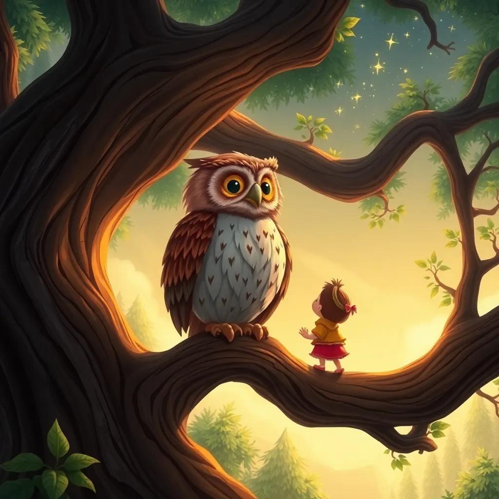 An old wise owl, Don Sabio, perched on a large branch of a majestic oak tree, speaking to Tito and Lila about the stars above, warm glow, mystical forest, detailed illustration, high quality