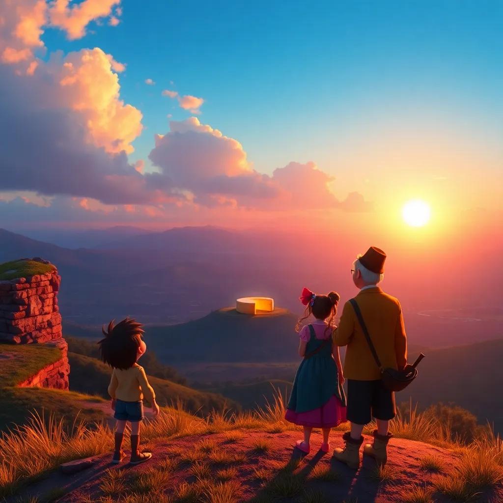 A stunning view from a high hill overlooking a shining golden cheese in the distance, with Tito, Lila, and Don Sabio joyfully gazing at the treasure, vibrant colors, beautiful sunset, heartwarming scene, high quality