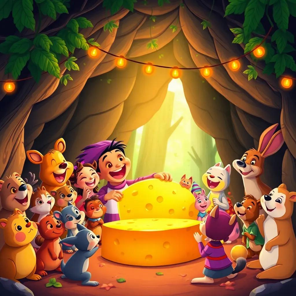 A joyful celebration with Tito, Lila, and many forest animals gathered around a large golden cheese in a cozy cave, filled with laughter and happiness, warm colors, enchanting atmosphere, delightful illustration, high quality