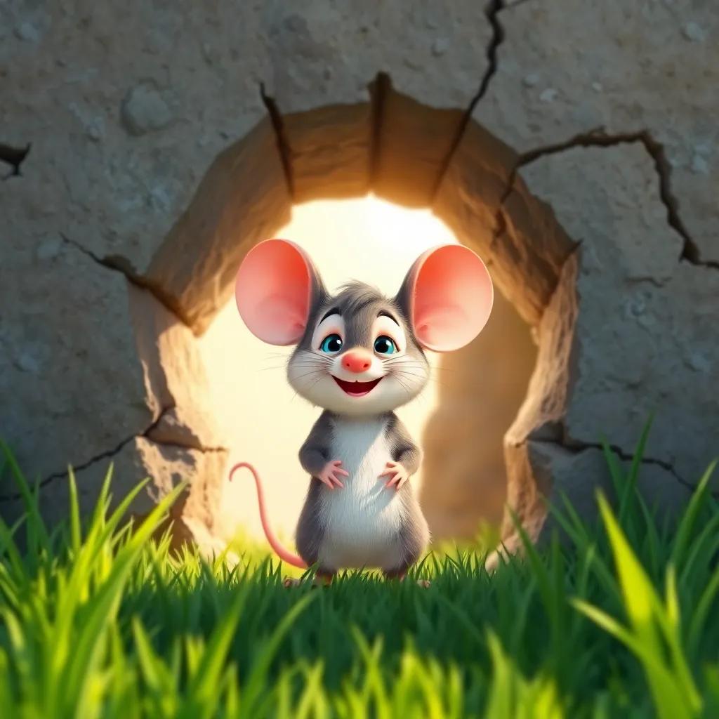 A small mouse, Miguel, with soft fur and big ears, standing at the entrance of a hole in an old wall, joyful expression, bright sunlight streaming through, surrounded by lush green grass, digital art, colorful, vibrant, cheerful atmosphere, high quality