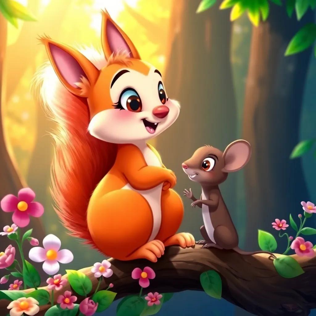 A cheerful squirrel, Sara, with a fluffy tail and bright eyes, sitting on a branch surrounded by flowers and leaves, speaking to Miguel the mouse, lively colors, warm sunlight, forest background, illustration, friendly and inviting, high quality