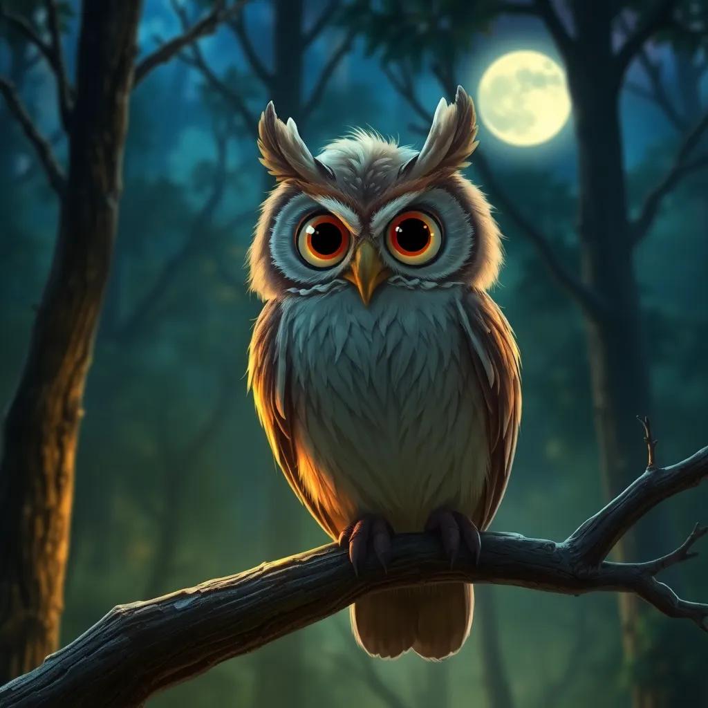 An old wise owl, Don Sabio, with a majestic presence, perched on a tree branch with large eyes, looking at Miguel and Sara, moonlit forest with a mystical aura, detailed digital painting, calm, wise atmosphere, high quality