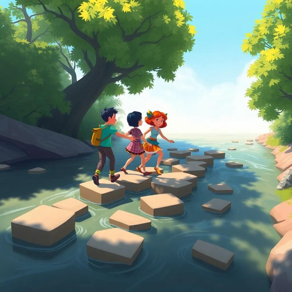 Miguel and Sara crossing a wide river by stepping on stones, both determined and supportive, with shadows of trees surrounding them, vibrant colors, adventurous spirit, cheerful tone, illustration, child-friendly, high quality