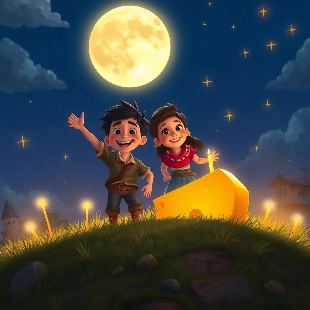 Miguel and Sara celebrating at the top of a hill under the full moon, a golden cheese glowing beside them, surrounded by friends, joyful expressions, bright stars twinkling in the sky, heartwarming scene, detailed digital painting, uplifting atmosphere, high quality
