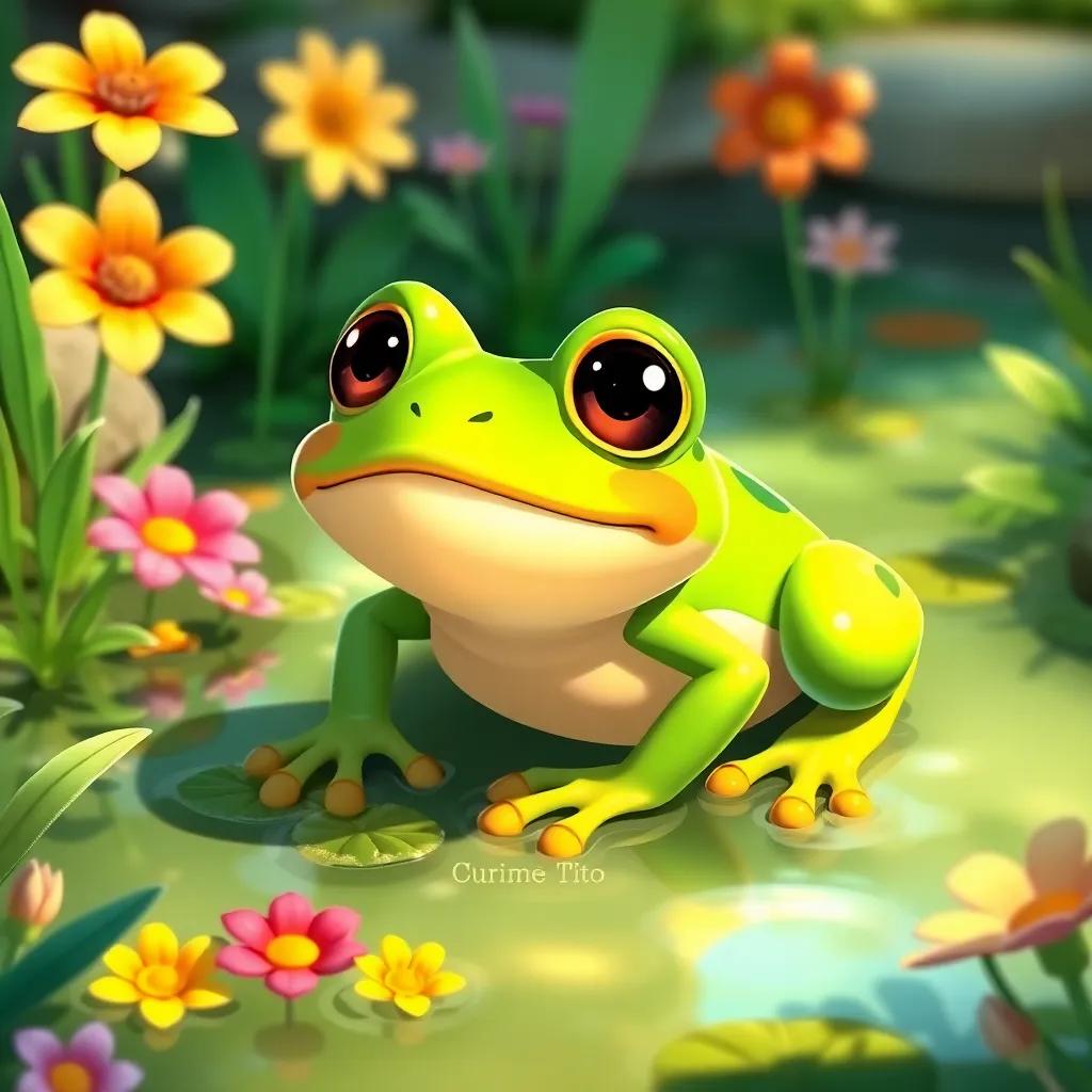 A curious frog named Tito, looking cheerful, exploring a clear pond surrounded by green plants and colorful flowers, sunny day, bright colors, whimsical atmosphere, digital art, high quality
