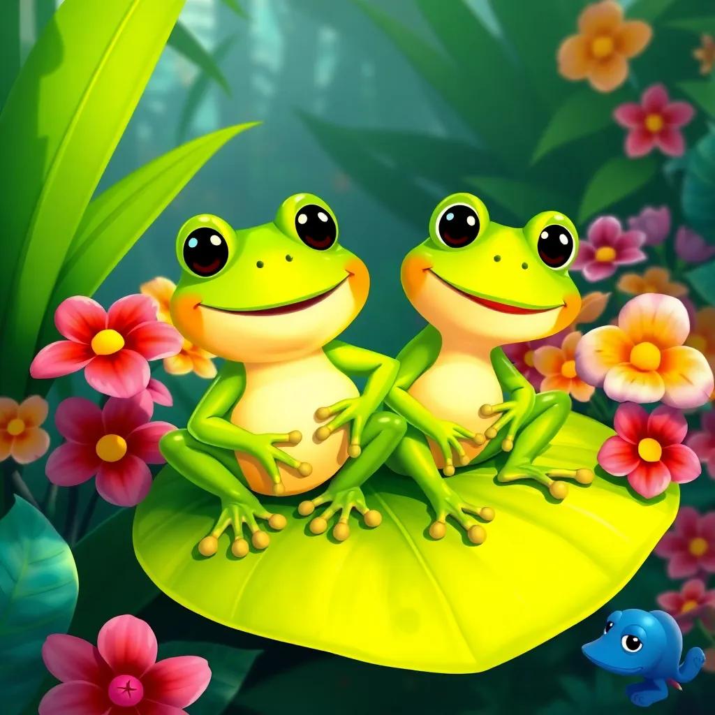 Tito the frog and Rina the frog sitting on a large green leaf, smiling and playing hide and seek, surrounded by lush greenery and vibrant flowers, cheerful and playful scene, bright colors, friendly illustration, colorful
