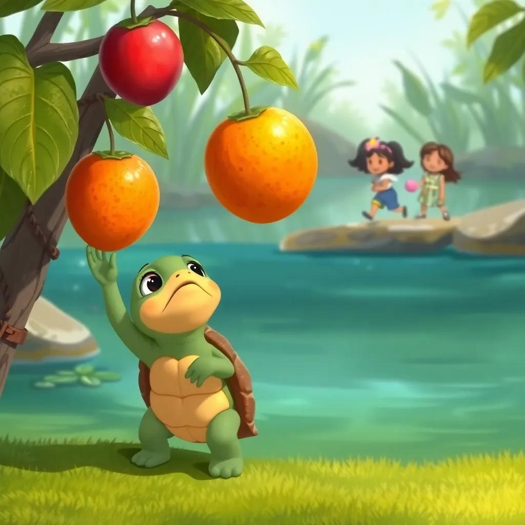 A turtle named Tula struggling to reach a fruit, looking a bit sad, with the clear pond in the background, Tito and Rina approaching to help her, warm colors, heartwarming scene, detailed illustration, kid-friendly