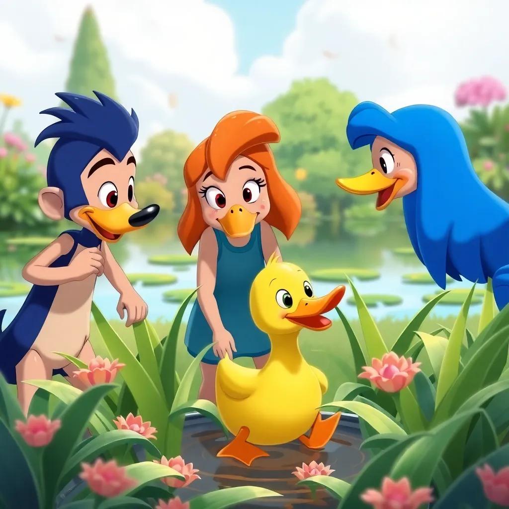 Tito, Rina, and Tula helping a small duck named Pato stuck in plants, all looking determined and collaborative, beautiful pond in the background, bright colors, teamwork and friendship theme, colorful illustration