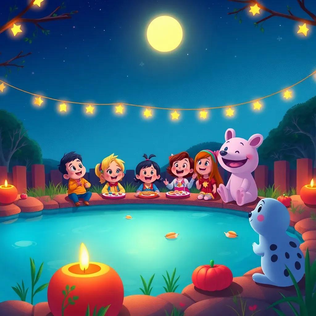A joyful party by the pond with Tito, Rina, Tula, and Pato, having food and playing under the stars, warm light from the moon, vibrant night colors, festive scene, heartwarming atmosphere, cheerful illustration