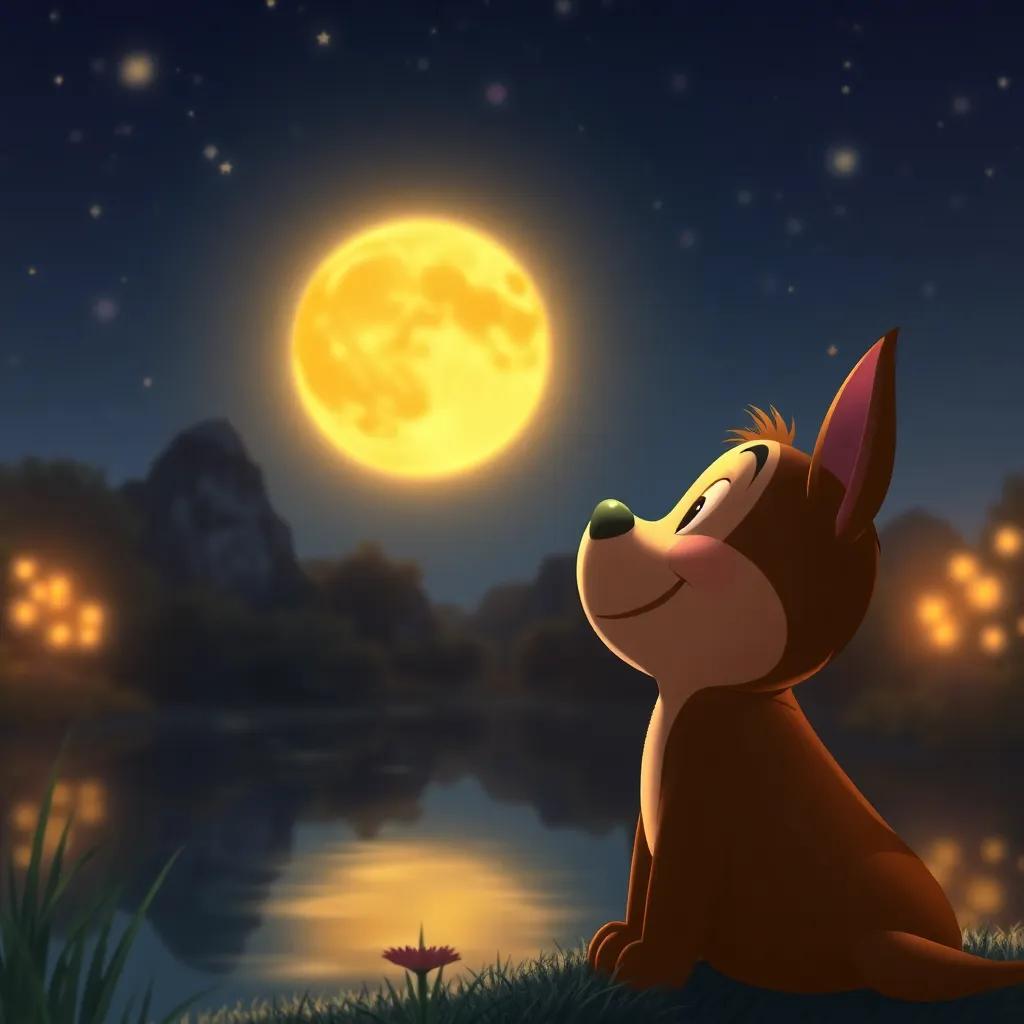 A happy Tito looking at the stars at night, reflecting on friendship and adventures, golden moonlight over the pond, peaceful scene, warm colors, tranquil atmosphere, detailed digital art
