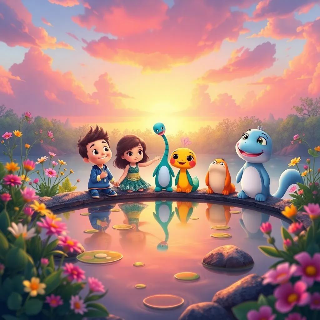A charming scene showing the pond with Tito, Rina, Tula, and Pato, each showcasing friendship, surrounded by flowers and plants, a colorful sunset in the background, magical feel, bright colors, lovely illustration