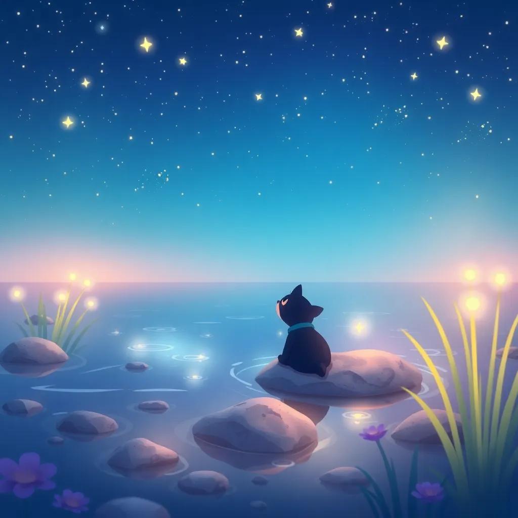 An illustration of the pond at night with stars twinkling and Tito dreaming of future adventures, soft glowing light, comforting and vibrant colors, whimsical style, high quality digital art