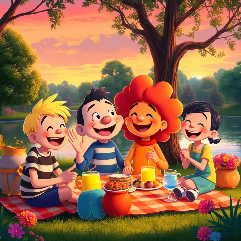 A warm illustration of Tito and friends enjoying a picnic by the pond, happiness radiating from them, surrounded by laughter and colorful nature, joyful scene, lovely sunset colors, friendly atmosphere