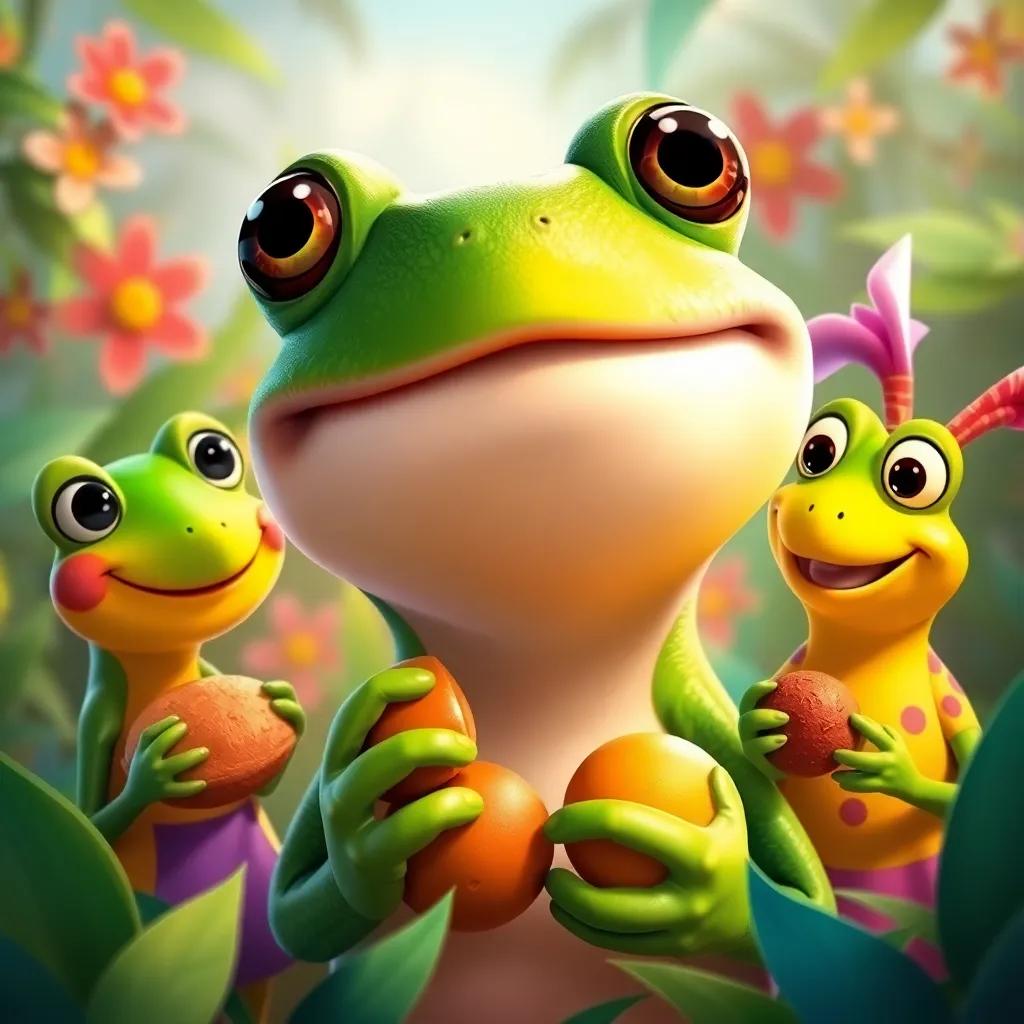 A close-up of Tito the frog smiling, surrounded by his friends Rina, Tula, and Pato, all happily sharing treats, colorful nature around them, vibrant colors, heartwarming scene, charming illustration