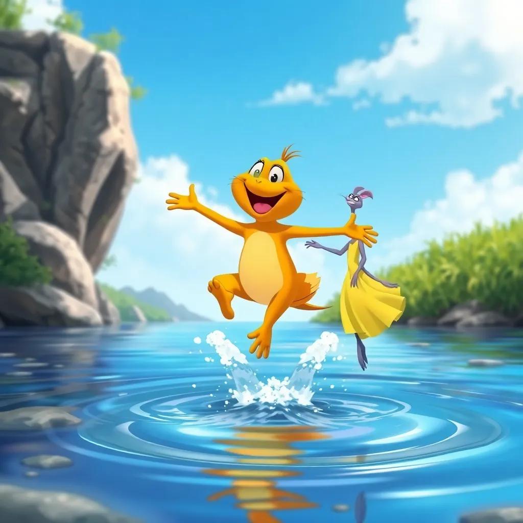 Tito, un sapo alegre, saltando en un río claro, conocido como Lila, una rana con un vestido amarillo y patas largas, bajo un cielo azul, colorido, escena feliz de amistad