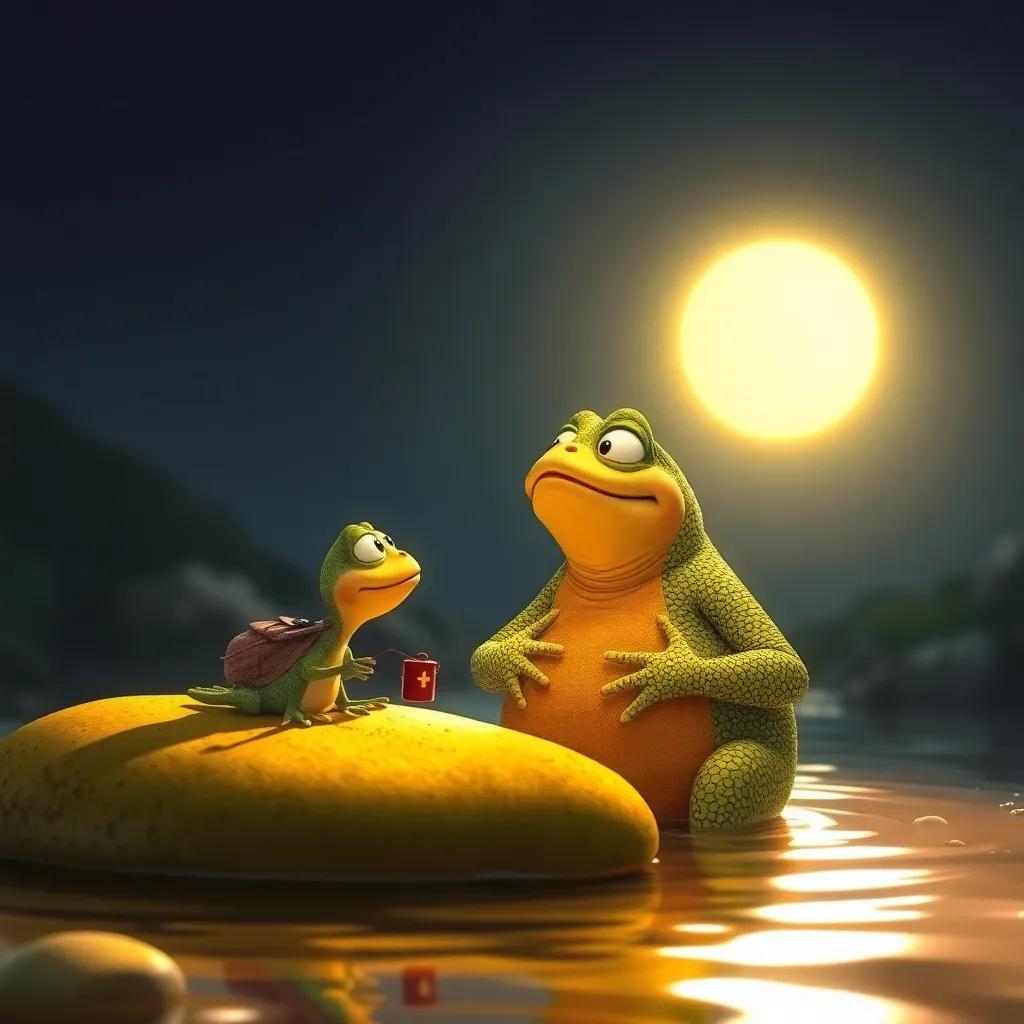 Tito el sapo viajero escuchando atentamente a Don Sapo, un sapo viejo y sabio, en un río mientras el sol brilla, ambiente cálido, narrativa visual, estilo amistoso