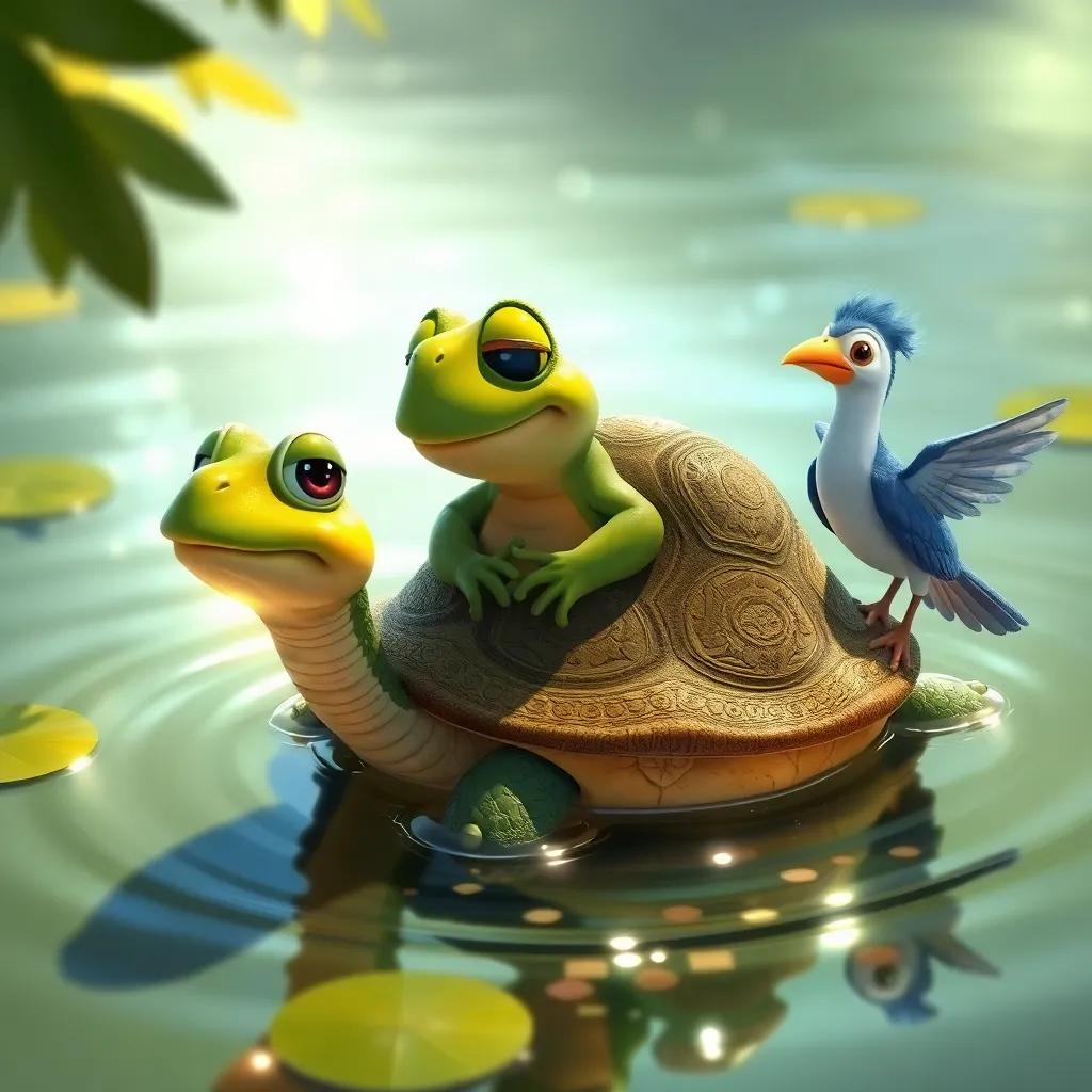 Tito el sapo rodeado de una tortuga templada y un pato volador, en un río brillante, todos sonriendo y disfrutando el tiempo juntos, amigable y alegre, arte digital de la amistad