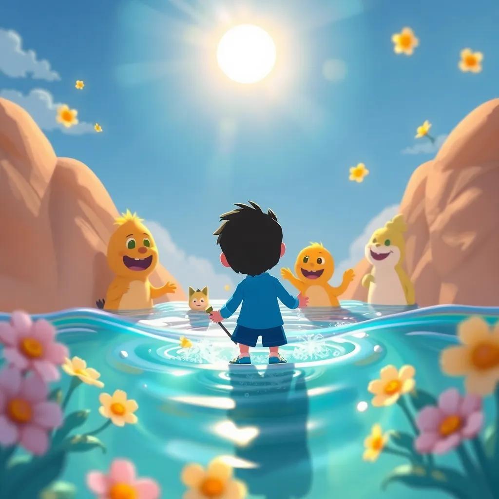 Tito regresando a su charca, rodeado de amigos sorprendidos, bajo un sol brillante con flores reales, ambiente cálido y hogareño, ilustración encantadora