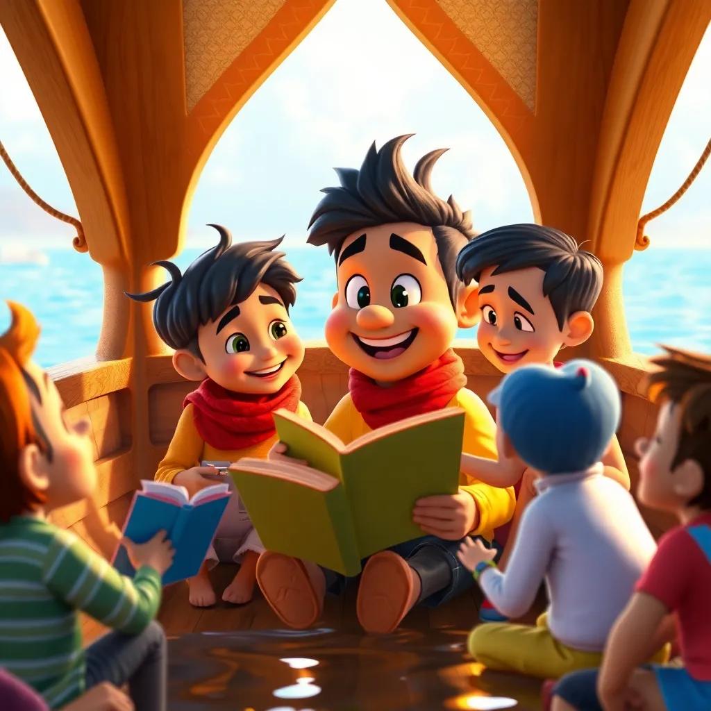 Tito compartiendo sus historias con amigos en la charca, todos escuchando con sonrisas grandes y emocionadas, escena de unión y alegría, estilo acogedor