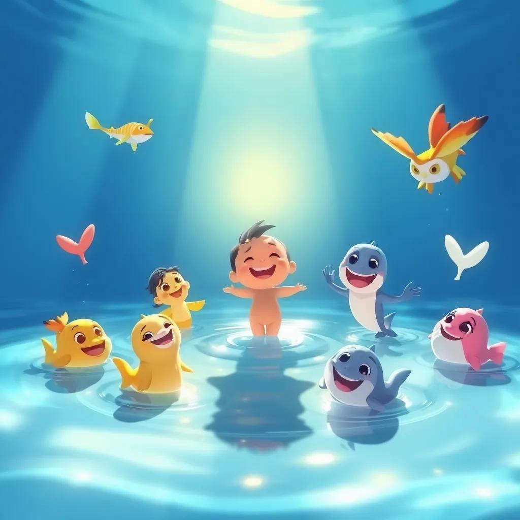 La charca brillante con Tito contento en el centro, rodeado de sus amigos, reflejos del sol en el agua, ilustración vibrante y feliz, arte infantil encantador