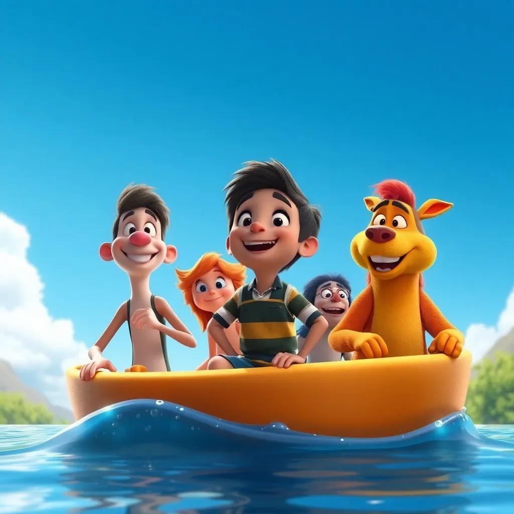 Tito disfrutando de su tiempo en la charca con sus amigos, todos riendo bajo el cielo azul y rodeados de naturaleza, una imagen de felicidad y alegría