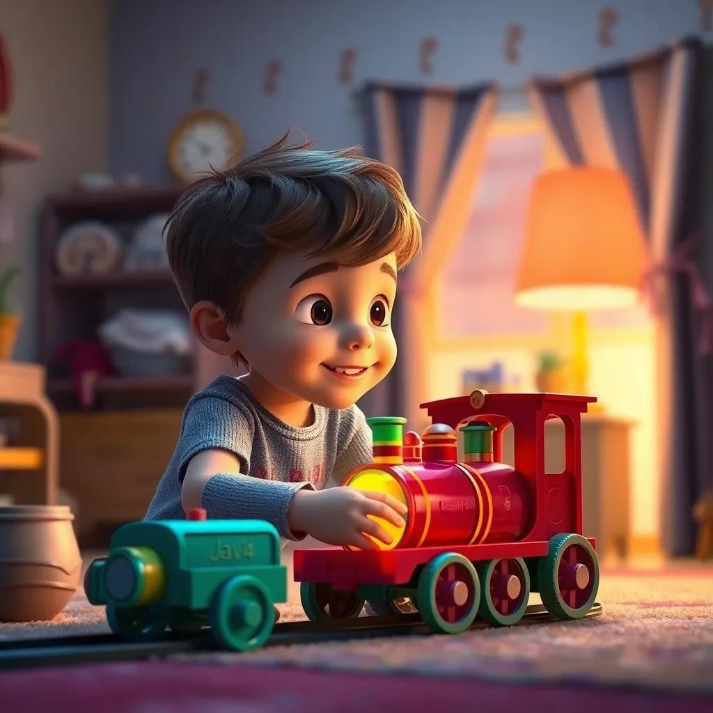 Un niño sonriente, Javier, con cabello castaño claro, jugando con un tren de juguete brillante en su habitación, luz cálida, detalles coloridos, ambiente alegre, arte digital