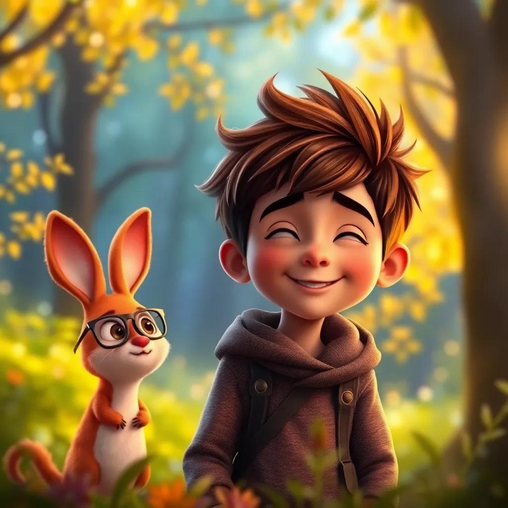 Javier, un niño con cabello castaño claro, en un bosque mágico con árboles brillantes, un conejo con gafas junto a él sonriendo, estilo detallado, colores vibrantes, ambiente de cuento de hadas