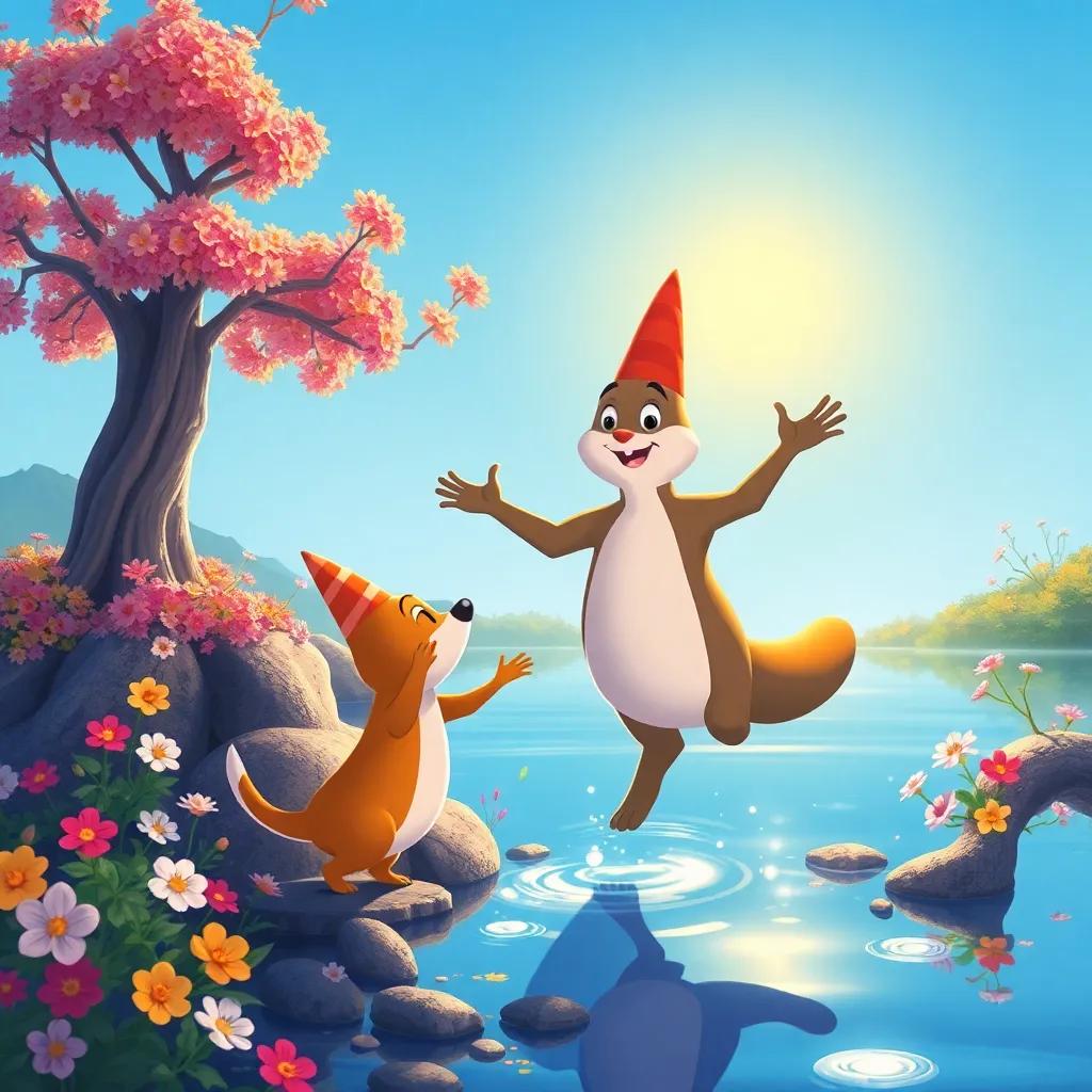 Javier y el conejo saltando felizmente junto a un lago que brilla como el sol, rodeados de flores y árboles mágicos, luz del día, ilustración alegre, estilo infantil