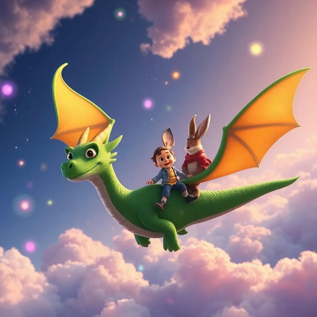 Un dragón amigable de escamas verdes volando con Javier y el conejo en el cielo, con nubes de colores y un arcoíris, mágico, arte digital, tono brillante