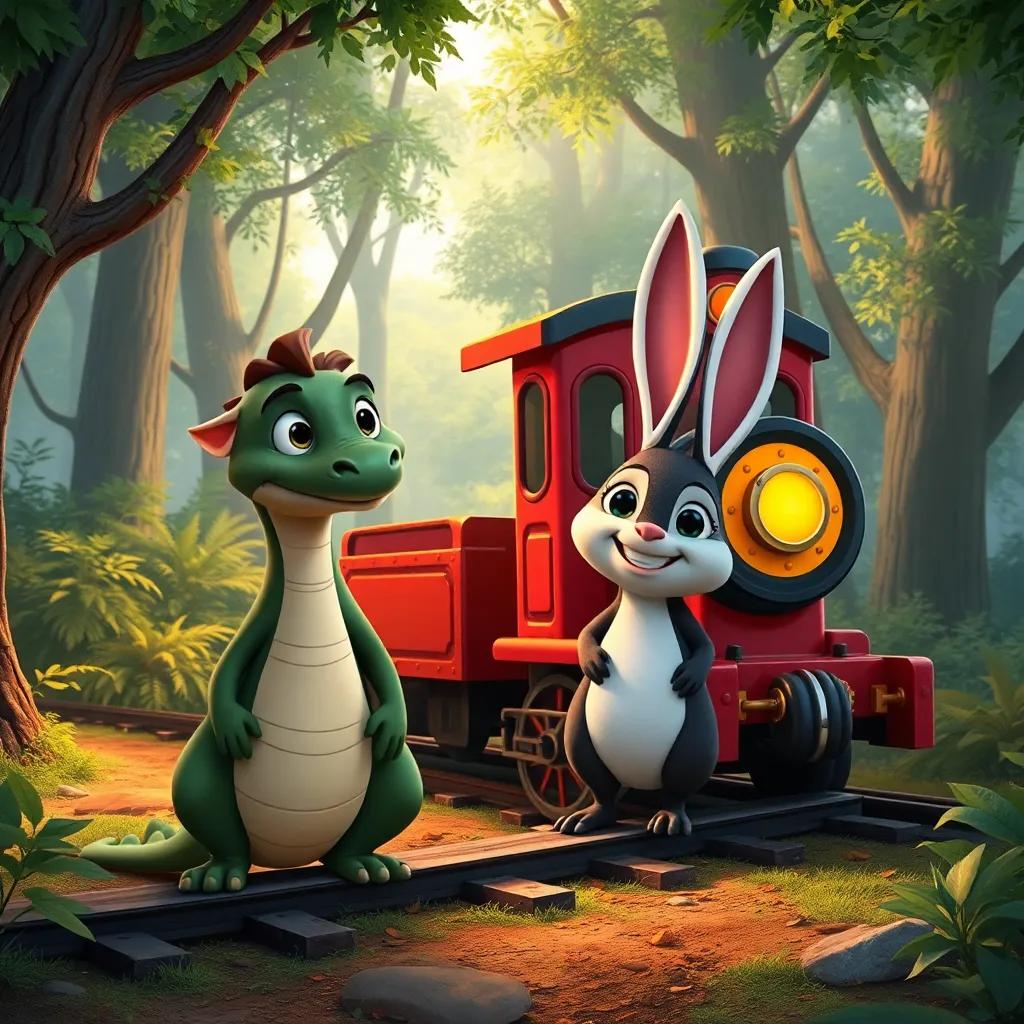 Javier, el dragón y el conejo de pie junto al tren de juguete después de una aventura, sonriendo y riendo, en un bosque mágico, ambiente de alegría, ilustración colorida