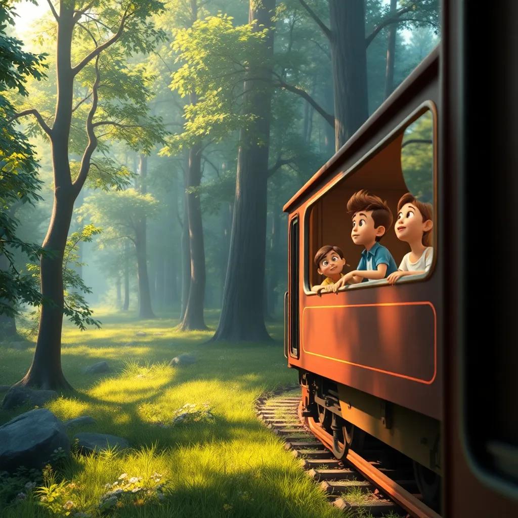 La escena de un tren que se aleja, dejándolo en el bosque mágico, Javier y sus amigos sonriendo desde el tren, luz cálida, vibrante, hermoso paisaje