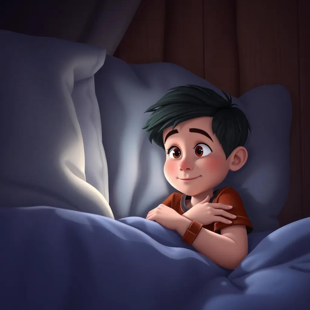Javier guardando su tren de juguete bajo la cama, con una sonrisa en el rostro, luz suave, un cuento de hadas en su mente, ilustración encantadora