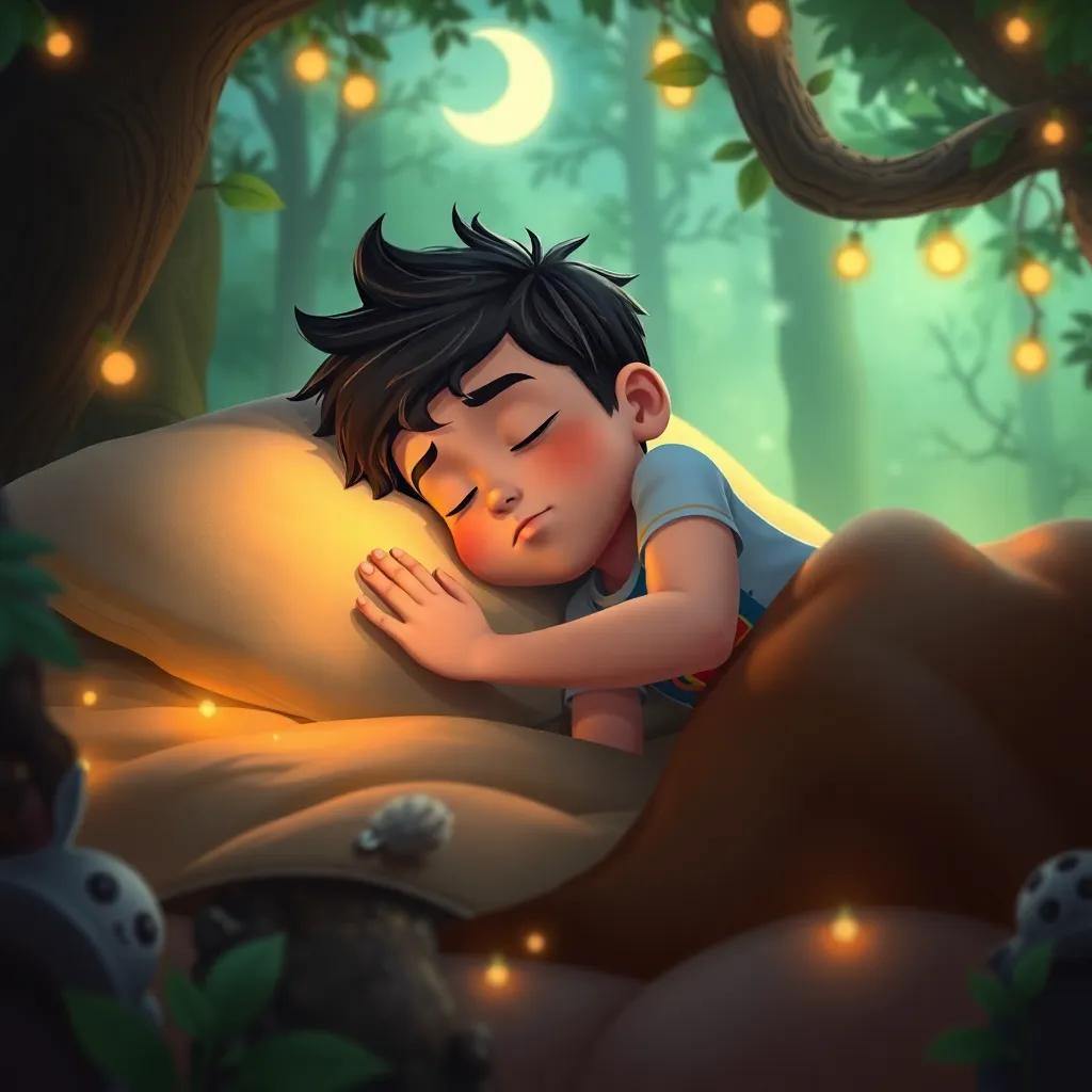 Javier durmiendo plácidamente, soñando con aventuras mágicas en un bosque mágico, luz suave, ambiente acogedor, estilo infantil