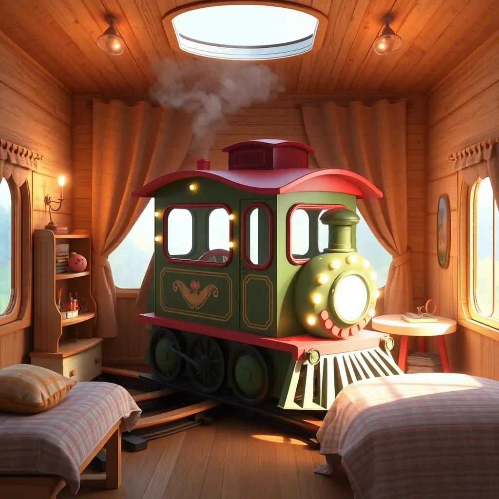 Un tren de juguete brillante, un símbolo de aventuras mágicas, en una habitación infantil, cálido, agradable y en tonos suaves