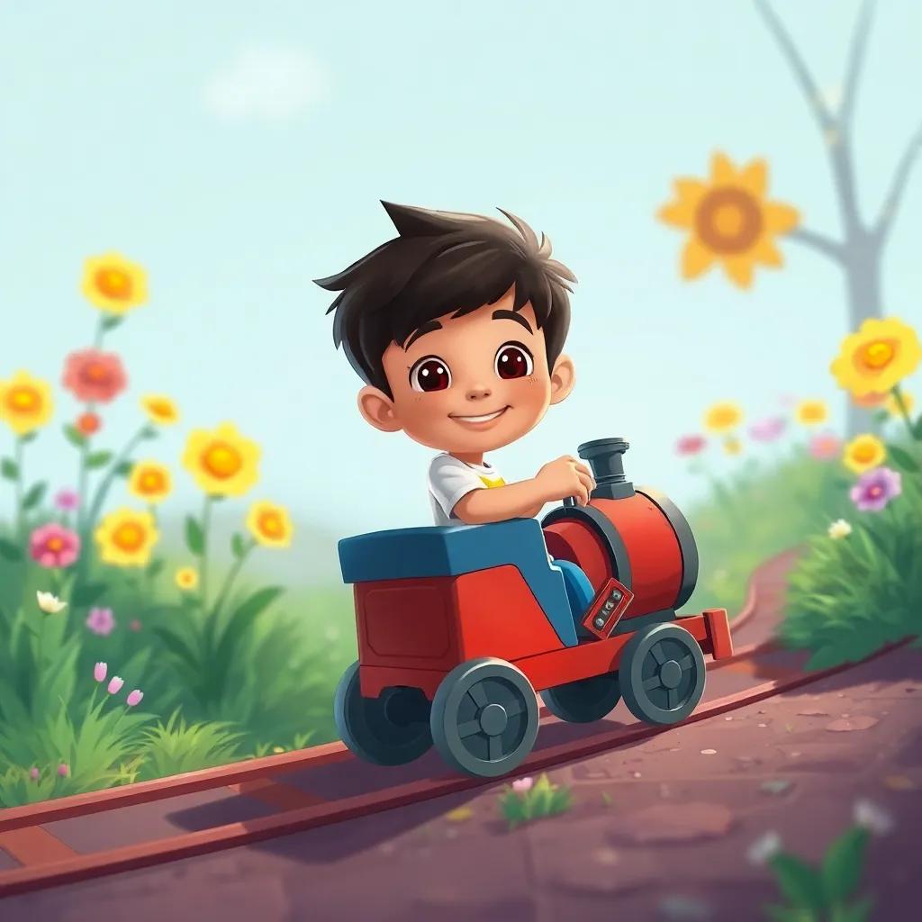 Javier jugando con su tren de juguete, junto a un camino de flores que brilla, feliz y aventurero, arte digital, ilustración vibrante