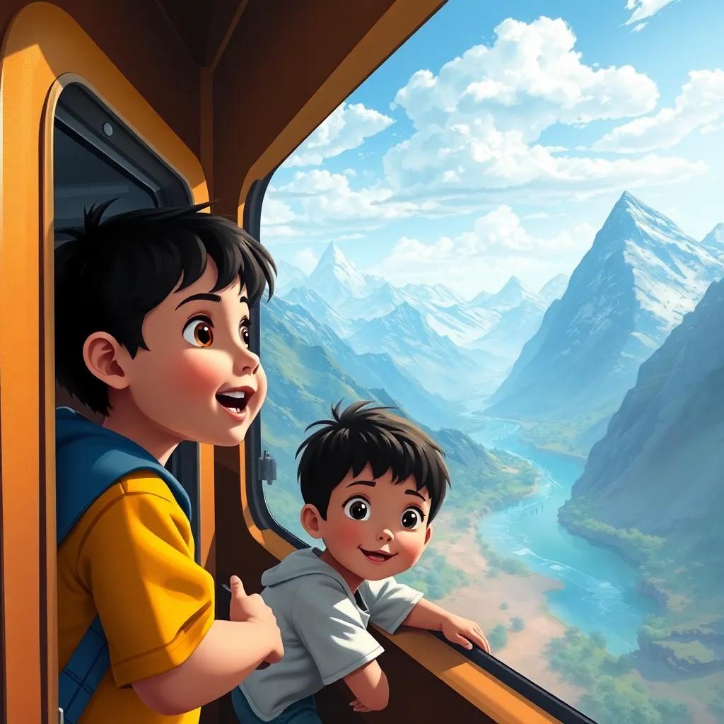 Children looking out of the train window, flying over high mountains and sparkling rivers, amazed expressions on their faces, digital painting, bright colors, adventurous scene, intricate details