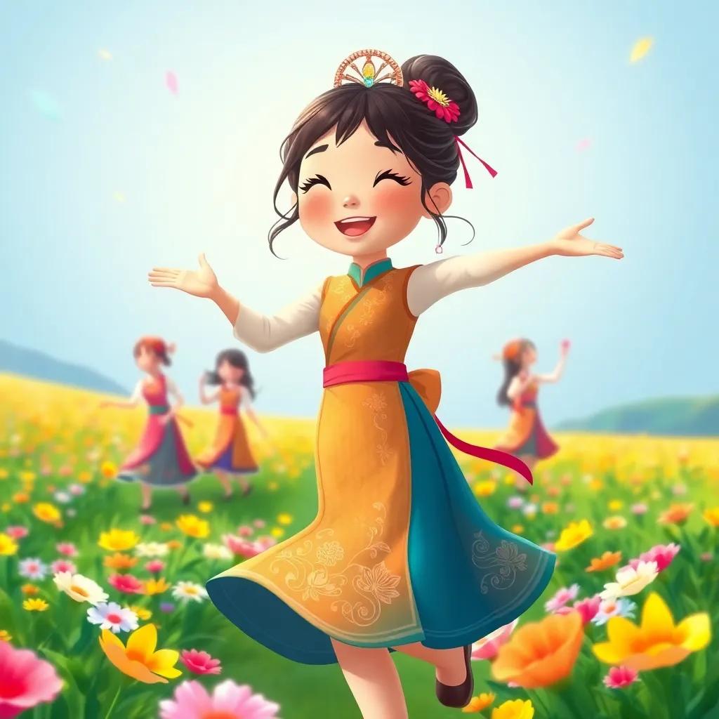 A girl named Mei, Asian, wearing a traditional costume, dancing joyfully with friends in a colorful flower field, celebrating a cultural festival, illustration, cheerful, festive atmosphere, warm light